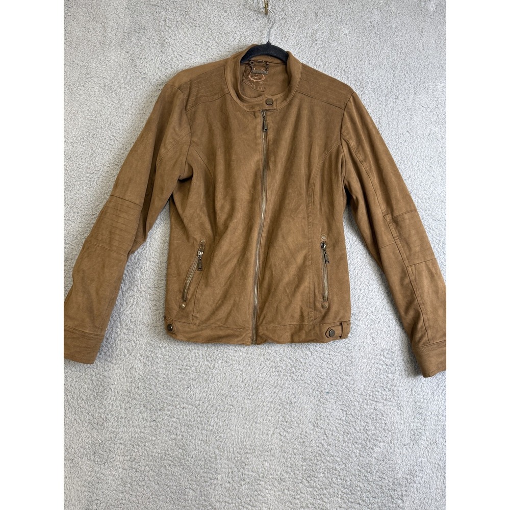 Odyn‎ Jacket Womens Large Brown Faux Suede Moto Biker Full Zip Stretch Modern